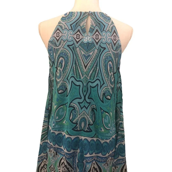 MSK Sz 6 Women's Blue Green White Black Print Sheer Handkerchief Hem Dress - Picture 7 of 9